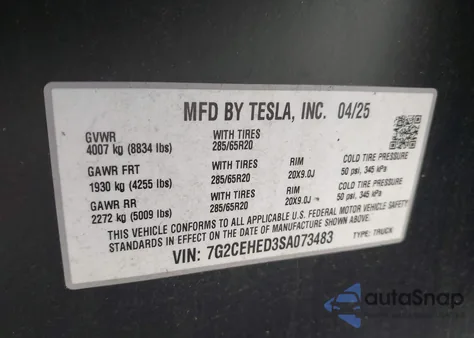 2025 Tesla Cybertruck All-Wheel Drive from USA, damaged, VIN 7G2CEHED3SA073483